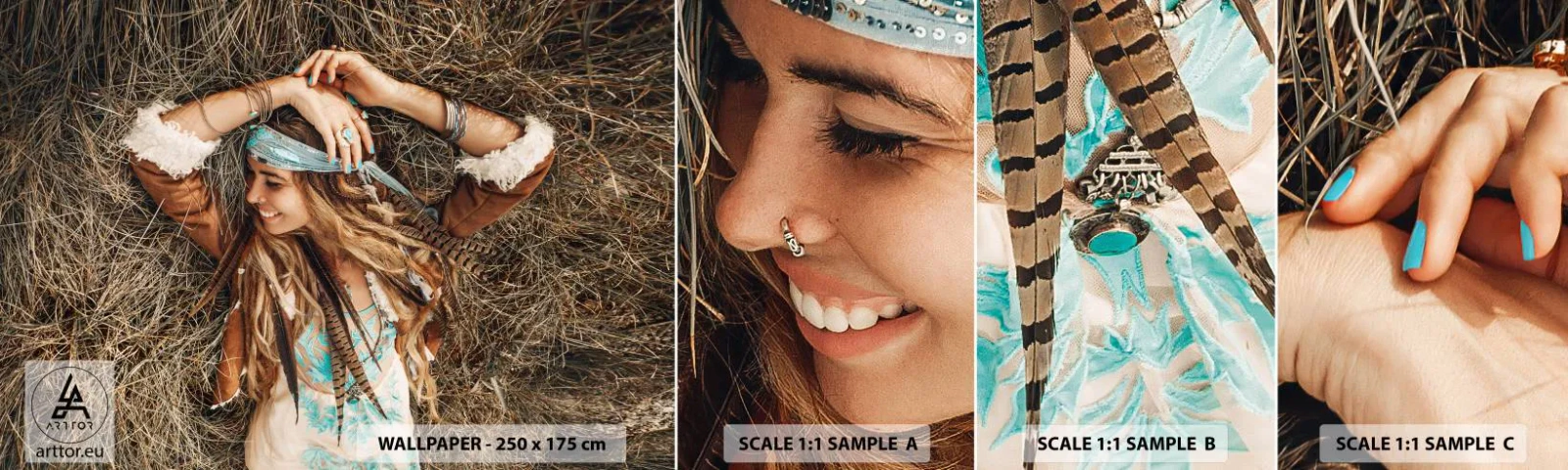 Prøve Fototapet Selvklæbende Deluxe Sticker - På vej til kærlighedens sommer - Boho, Kvinde, Smykker - 100x30 cm