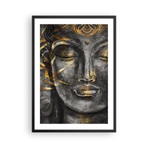 Plakat i sort ramme - Portræt af Buddha med gylden glød og bambusbladelementer - 50x70cm - Mærk freden - Moderne vægdekoration til stue og soveværelse ARTTOR