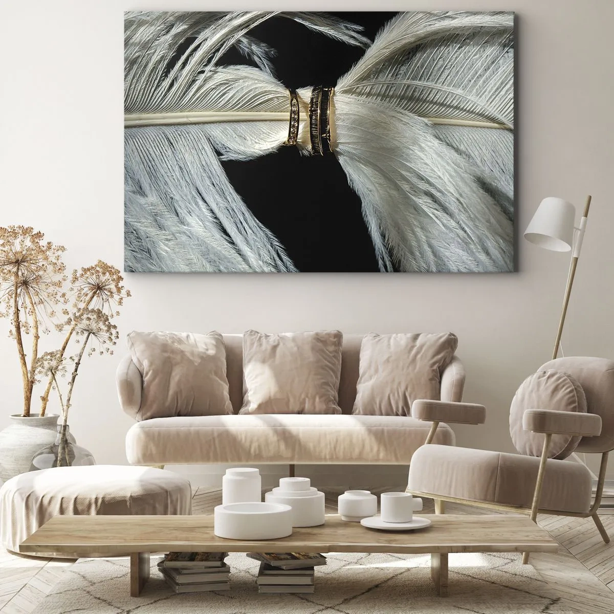 Lærredstryk - Billede på lærred - En hvid fjer med to guldringe på en sort baggrund - 70x50cm - ...og jeg vil ikke forlade dig... - Moderne vægdekoration til stue og soveværelse ARTTOR