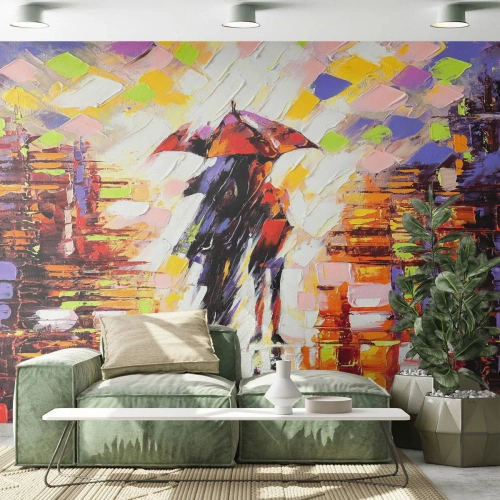 Fototapet Selvklæbende Deluxe Sticker - Sammen gennem natten og regnen - Abstraktion, Forelsket par, Gå i regnen - 450x315 cm