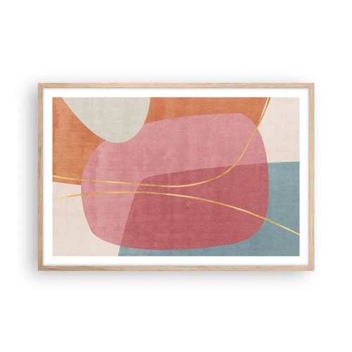 Plakat i ramme af lyst egetræ - Pastelkomposition med guldtråd - 91x61 cm
