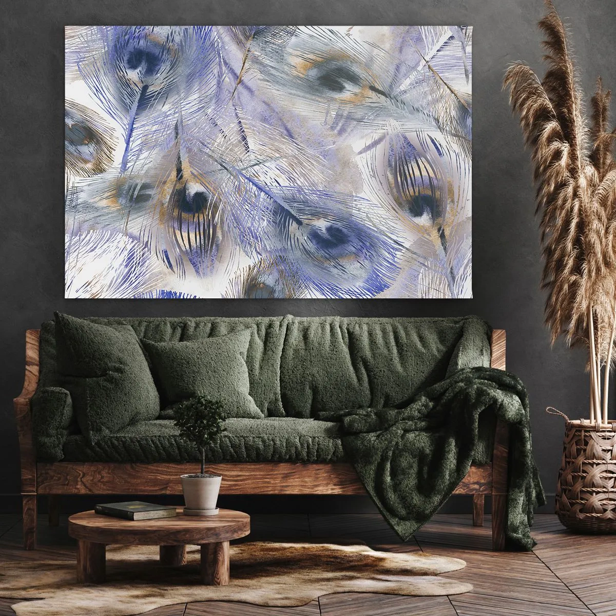 Lærredstryk - Billede på lærred - Et mønster med påfuglefjer i nuancer af blå og guld - 70x50cm - Påfugl sammensætning - Moderne vægdekoration til stue og soveværelse ARTTOR