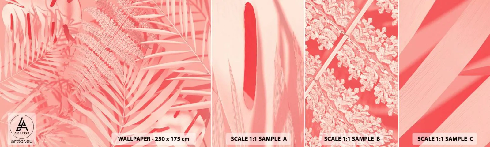 Fototapet Prøve Standard Eco - Lyserødt koncept - Abstraktion, Palmeblad, Grafik - 100x30 cm