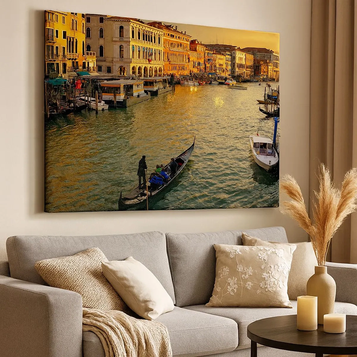 Lærredstryk - Billede på lærred - Gondol på en Venedig-kanal ved solnedgang - 70x50cm - På den solrige side af gaden - Moderne vægdekoration til stue og soveværelse ARTTOR