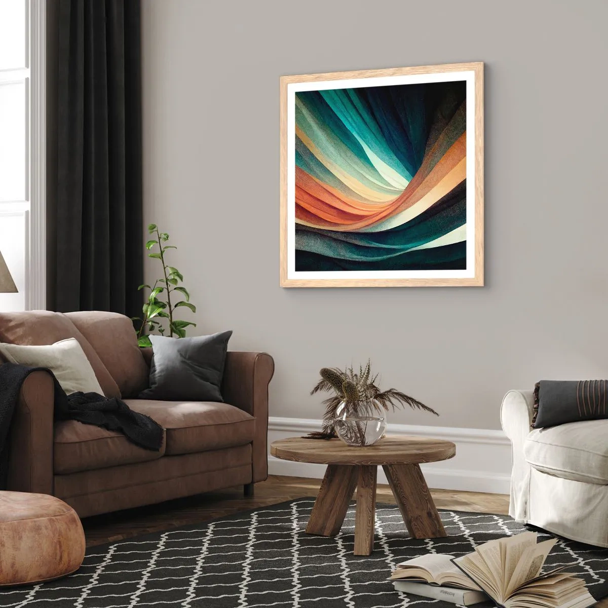 Plakat i ramme af lyst egetræ - Vævet af farver - 40x40 cm