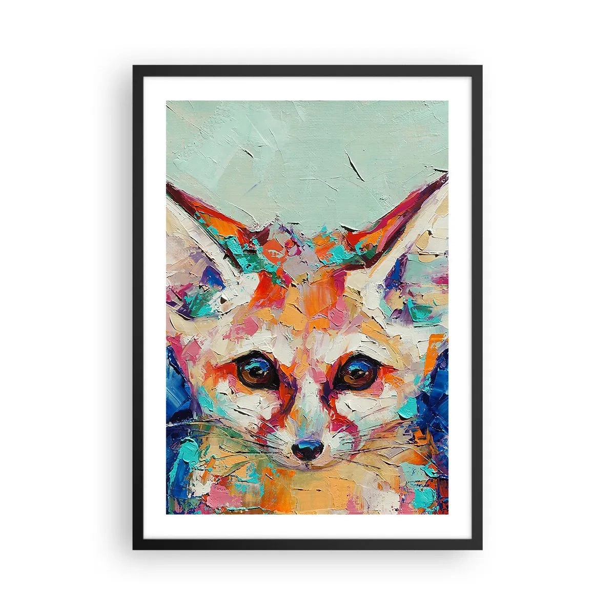 Plakat i sort ramme - Et farverigt abstrakt portræt af en ræv med et udtryksfuldt blik. - 50x70cm - Er du klar til mig? - Moderne vægdekoration til stue og soveværelse ARTTOR