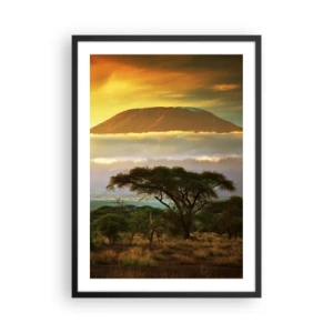 Plakat i sort ramme - Kilimanjaro ved solnedgang i den afrikanske savanne - 50x70cm - En rejsendes drøm - Moderne vægdekoration til stue og soveværelse ARTTOR