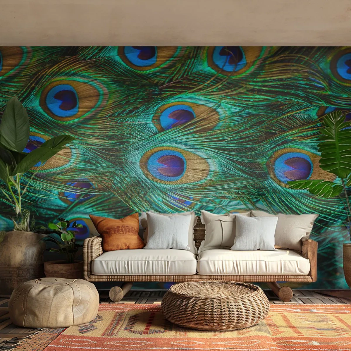 Fototapet Premium Canvas - En påfugls blik - Abstraktion, Påfuglefjer, Fuglens fjer - 250x175 cm