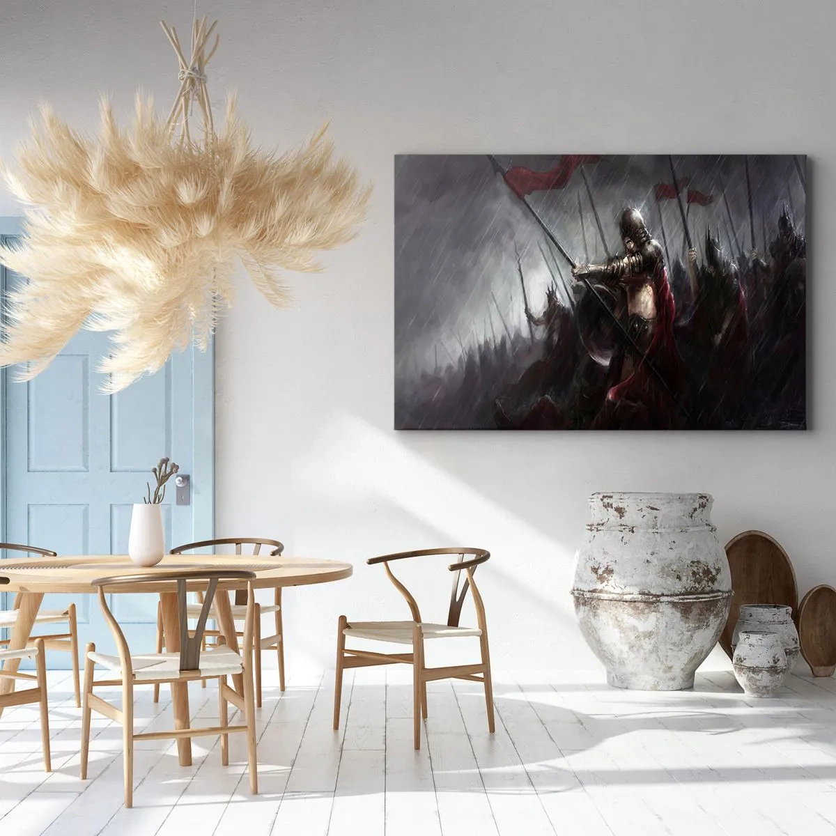 Lærredstryk - Billede på lærred - Riddere marcherer til slagmarken i regnvejr - 70x50cm - Forbipasserende, fortæl Sparta... - Moderne vægdekoration til stue og soveværelse ARTTOR