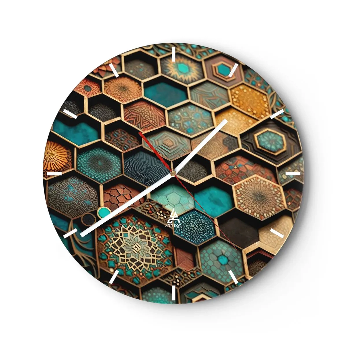 Vægur, Uret - Flerfarvede sekskanter med orientalske mønstre - 30x30cm - Arabiske ornamenter - en variation - Moderne vægdekoration til stue, køkken og soveværelse ARTTOR