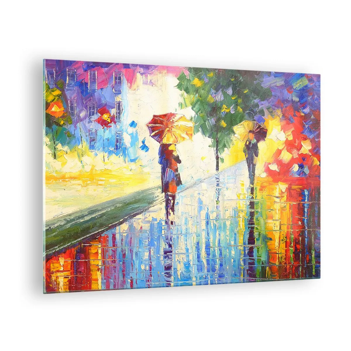 Billede på glas - En farverig gåtur i regnen med en impressionistisk paraply - 70x50cm - Og alt er klart - Moderne vægdekoration til stue og soveværelse ARTTOR