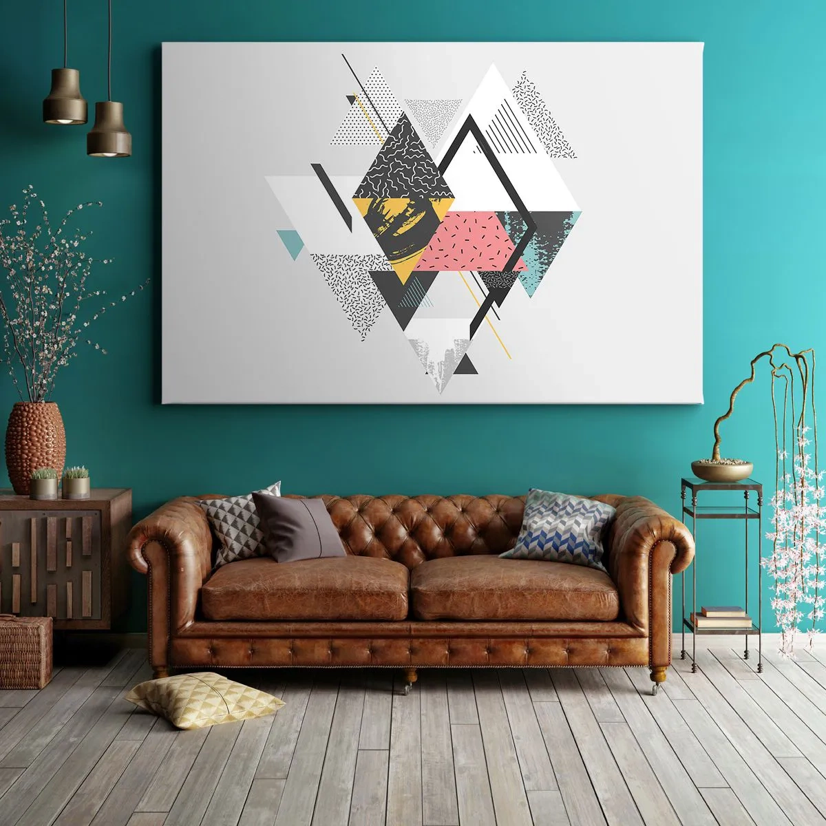 Lærredstryk - Billede på lærred - Geometriske mønstre på en lys baggrund - 70x50cm - Variation af trekanter og rhomber - Moderne vægdekoration til stue og soveværelse ARTTOR