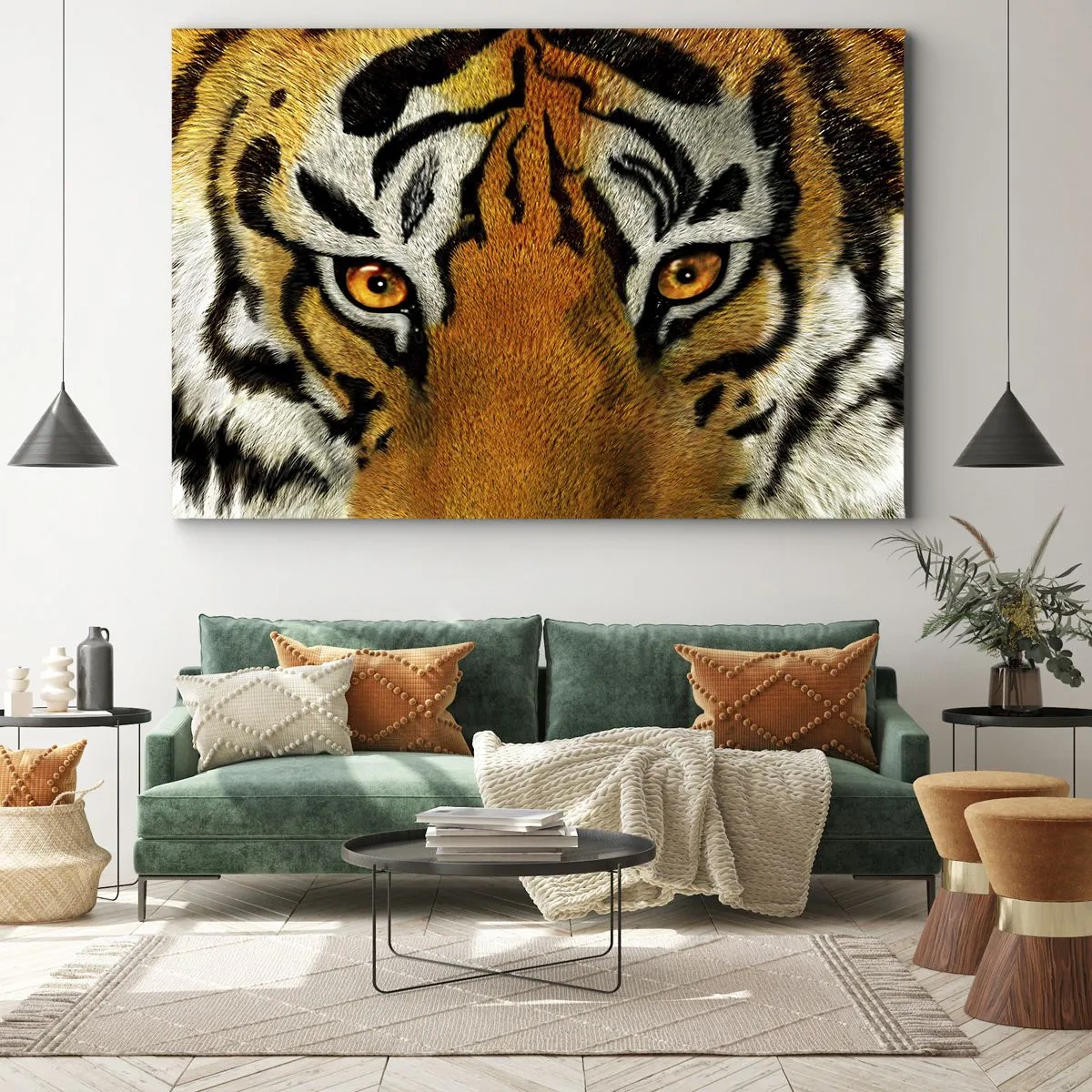 Lærredstryk - Billede på lærred - Nærbillede af en tiger med et intenst blik - 70x50cm - Truende og smuk - Moderne vægdekoration til stue og soveværelse ARTTOR