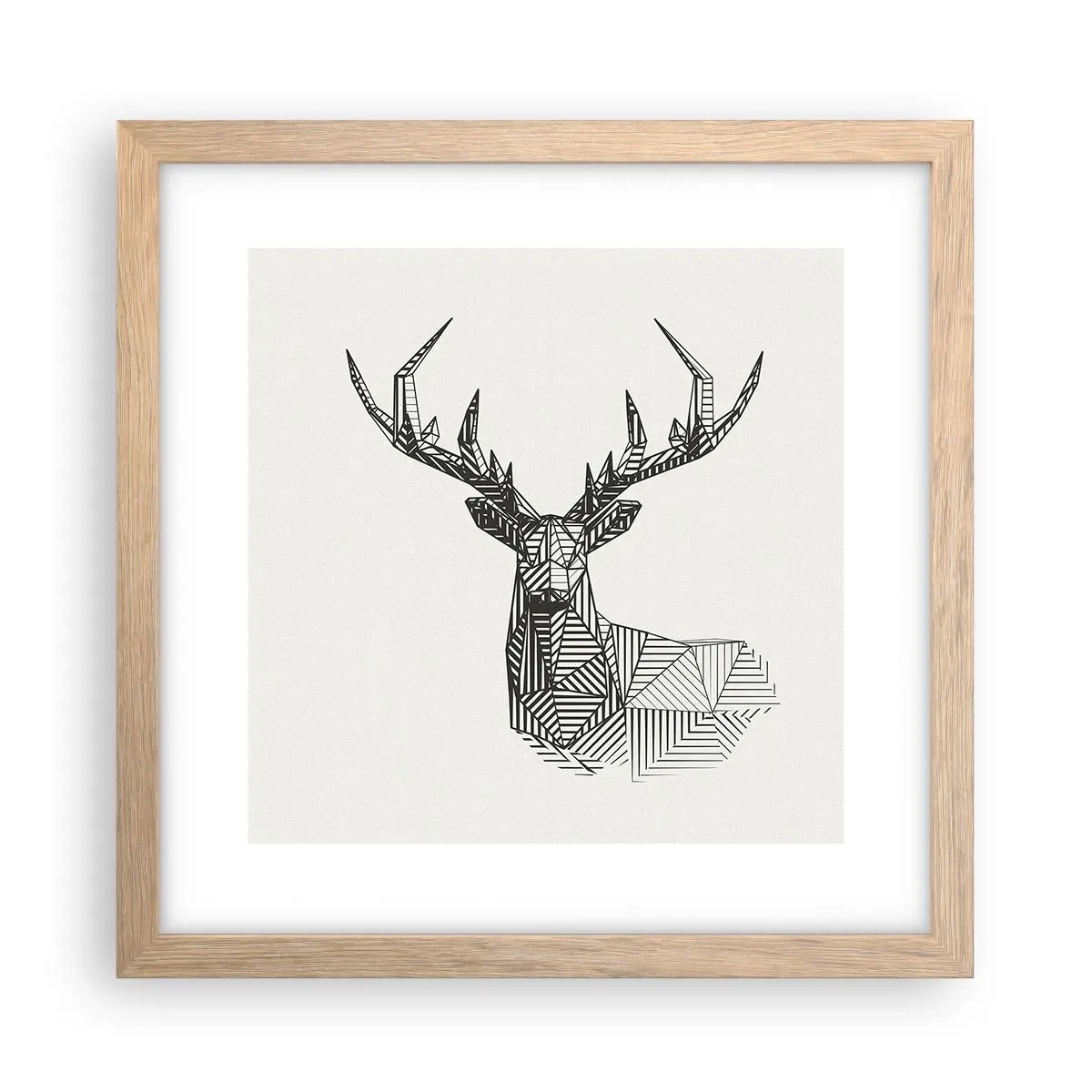 Plakat i ramme af lyst egetræ - Hjorte i kubistisk stil - 30x30 cm