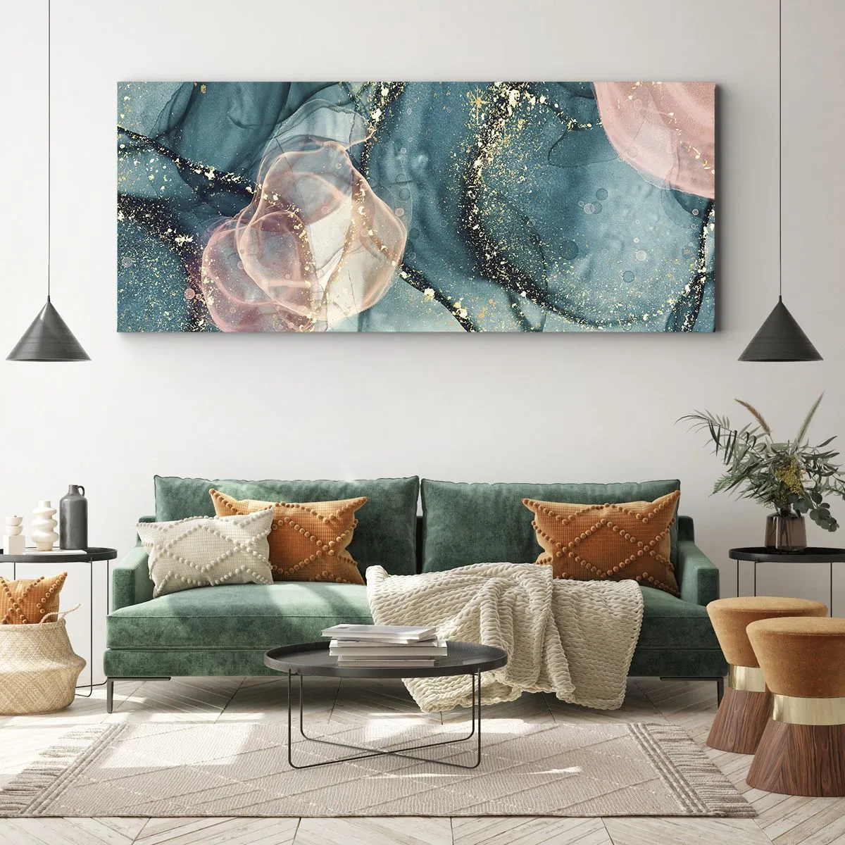Lærredstryk - Billede på lærred - Silkeblå, tyl lyserød - 100x40 cm
