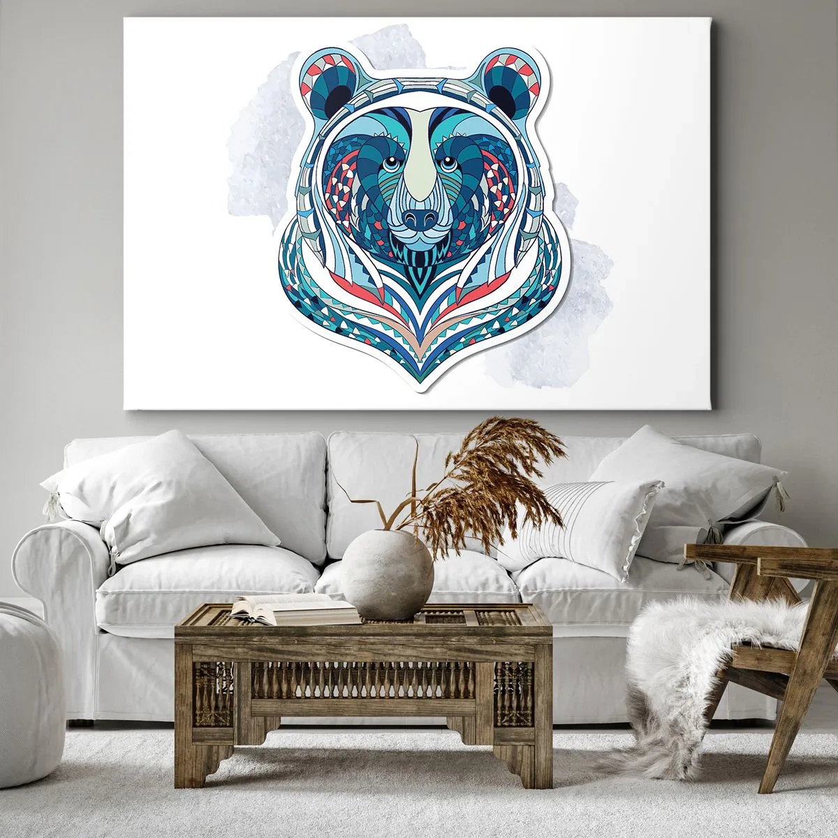 Lærredstryk - Billede på lærred - Geometrisk bjørn i nuancer af blå og rød - 70x50cm - Eviva Grønland! - Moderne vægdekoration til stue og soveværelse ARTTOR