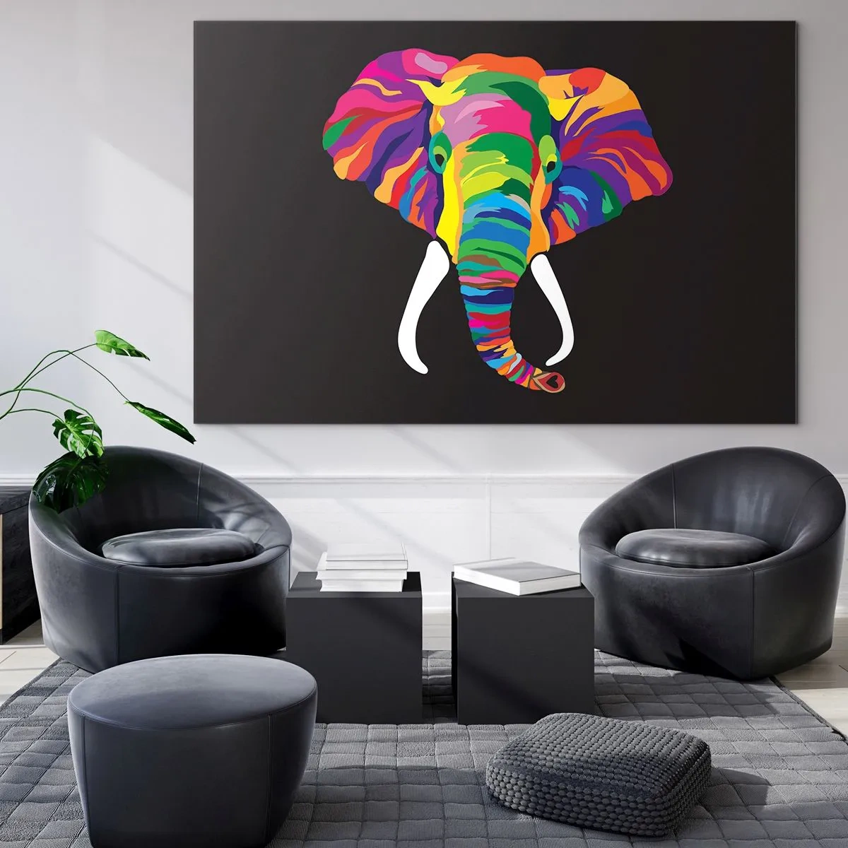 Billede på glas - En farverig elefant på en sort baggrund i kunstnerisk stil - 70x50cm - Elefanten, der elskede at bade i regnbuen - Moderne vægdekoration til stue og soveværelse ARTTOR