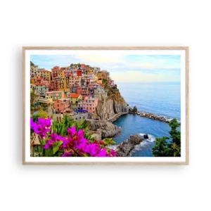 Plakat i ramme af lyst egetræ - En grinende by - 100x70 cm