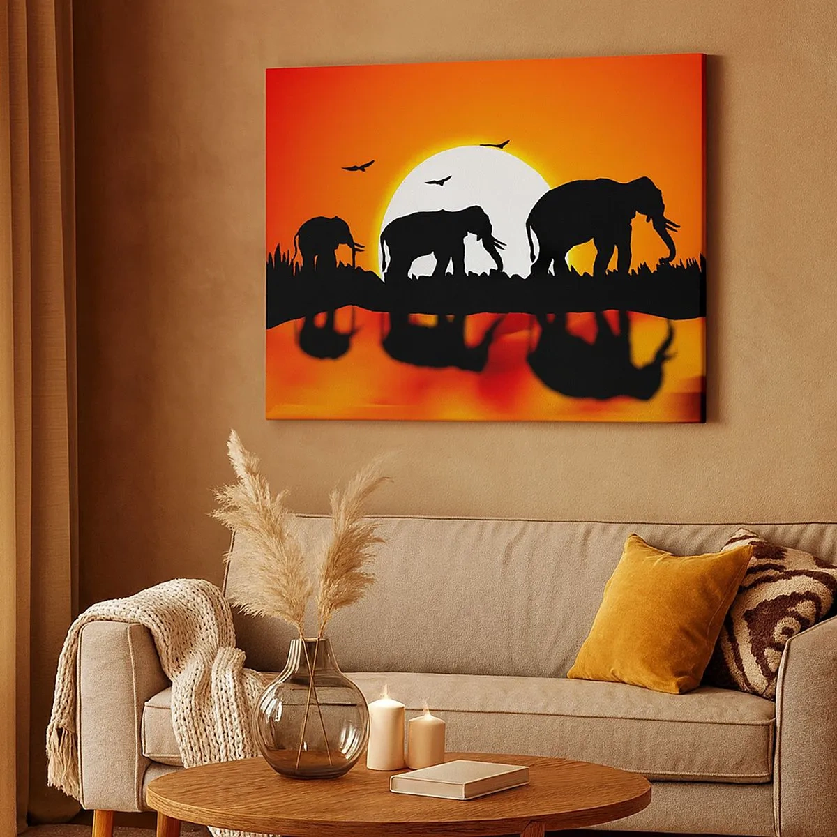 Lærredstryk - Billede på lærred - Silhuetter af elefanter ved solnedgang over vand med refleksion - 70x50cm - Og om aftenen til en lille drink - Moderne vægdekoration til stue og soveværelse ARTTOR
