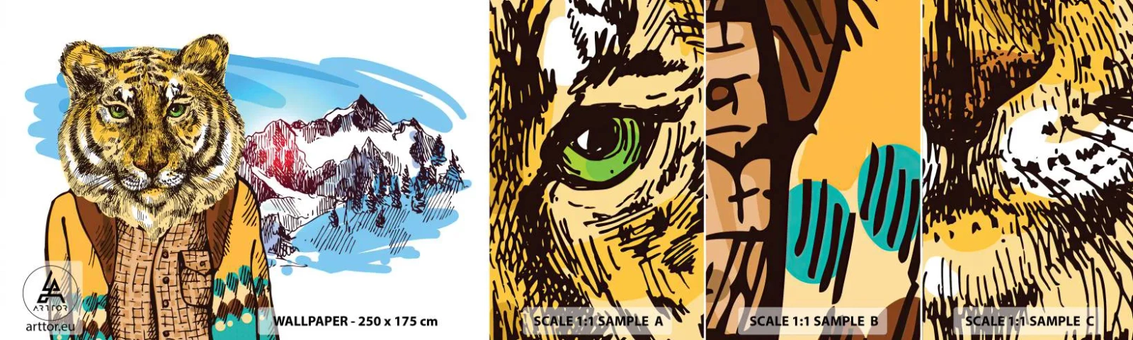Prøve Fototapet Selvklæbende Deluxe Sticker - Ikke så vild som han er tegnet - Abstraktion, Tiger, Bjerge - 100x30 cm