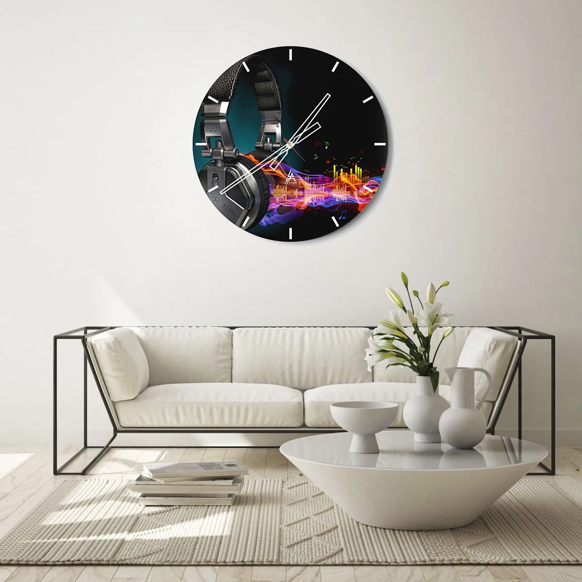 Vægur, Uret - Hovedtelefoner med musikalsk visualisering og farveeffekter - 30x30cm - I musikkens varme - Moderne vægdekoration til stue, køkken og soveværelse ARTTOR
