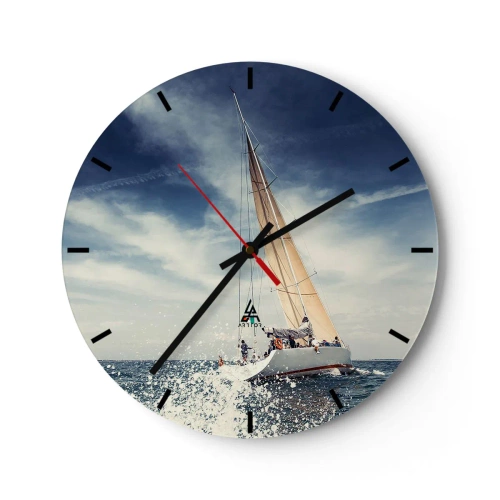 Vægur, Uret - En yacht på et stormfuldt hav under en blå himmel - 30x30cm - De kan ikke indhente os! - Moderne vægdekoration til stue, køkken og soveværelse ARTTOR