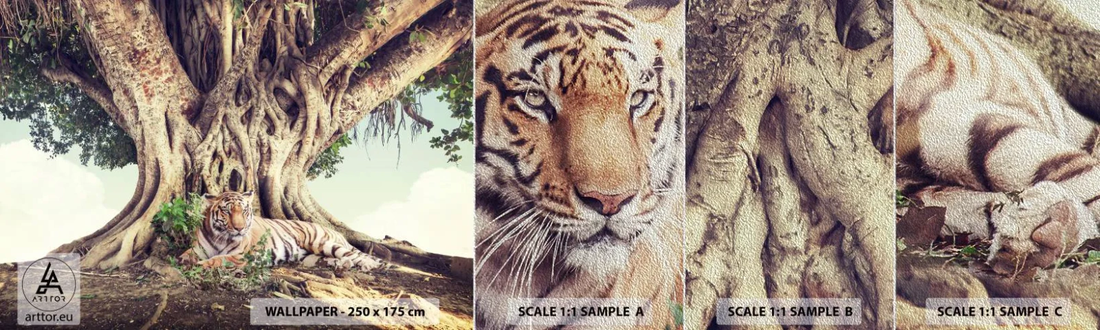 Prøve Fototapet Premium Sand - Udsigt fra Første Mosebog - Bengalsk tiger, Indien, Landskab - 100x30 cm