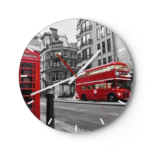 Vægur, Uret - En rød bus og en telefonboks mod Londons gader som baggrund. - 30x30cm - Den rødeste i Europa - Moderne vægdekoration til stue, køkken og soveværelse ARTTOR