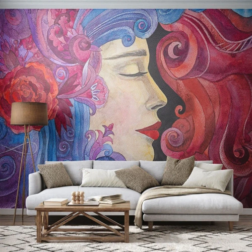 Fototapet Premium Sand - Art Nouveau er stadig i live - Kvinde, Blomster, Gudinde - 100x70 cm