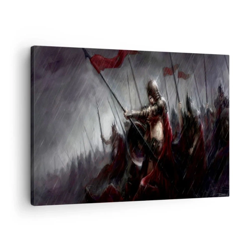 Lærredstryk - Billede på lærred - Riddere marcherer til slagmarken i regnvejr - 70x50cm - Forbipasserende, fortæl Sparta... - Moderne vægdekoration til stue og soveværelse ARTTOR