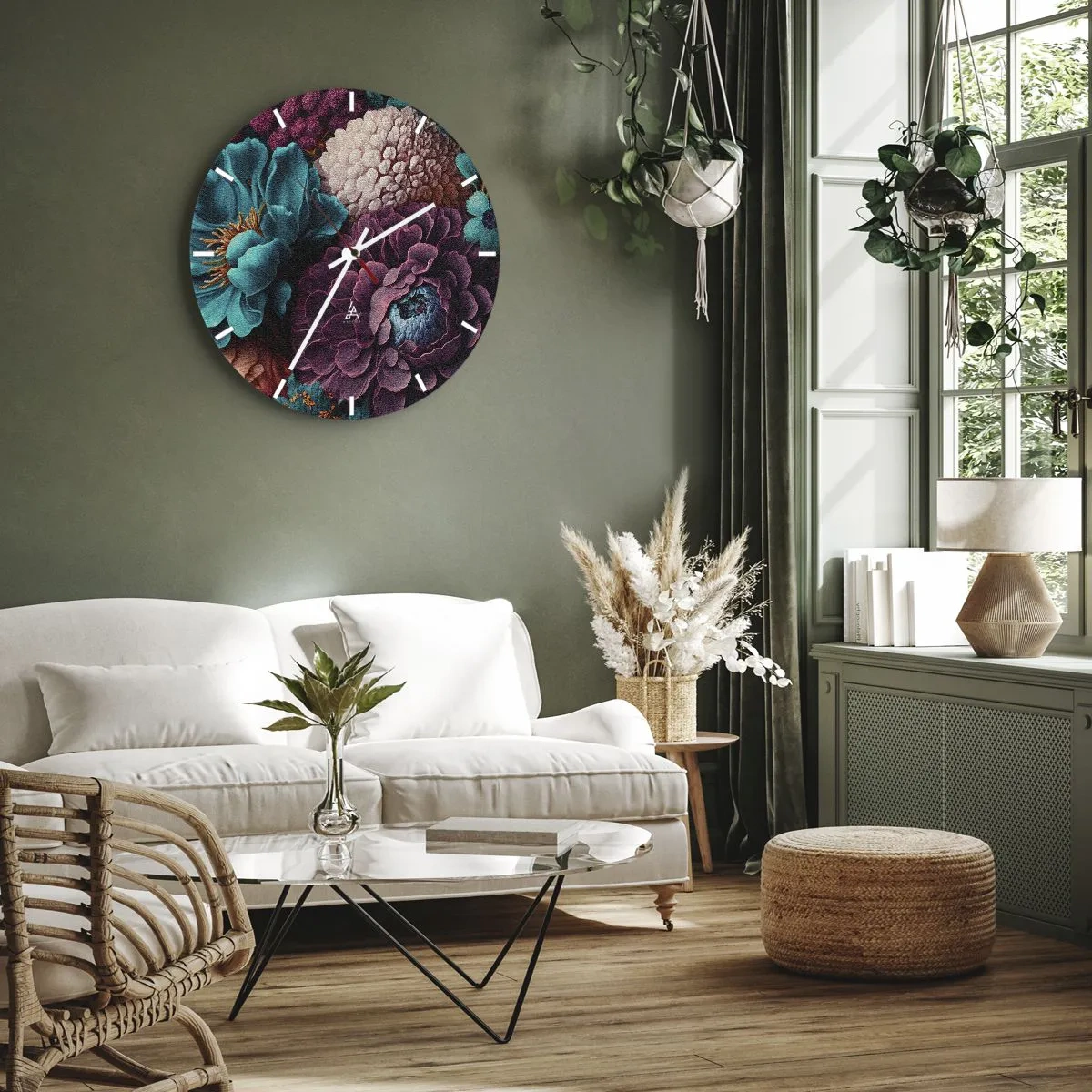 Vægur, Uret - En rig buket af mørke og turkise blomster med detaljer - 30x30cm - Natur i overflod - Moderne vægdekoration til stue, køkken og soveværelse ARTTOR