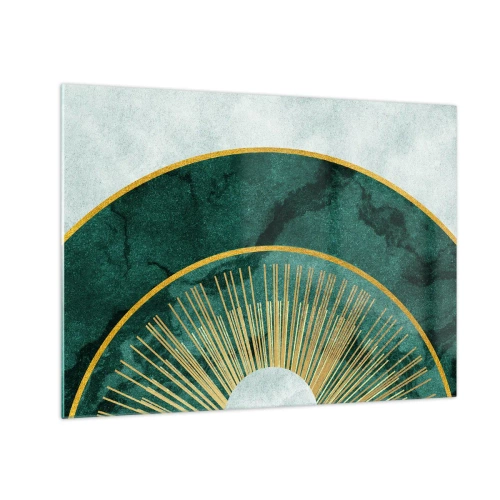 Billede på glas - Gyldne stråler mod en baggrund af grønne halvcirkler med en marmorstruktur - 70x50cm - Et anderledes solsystem - Moderne vægdekoration til stue og soveværelse ARTTOR