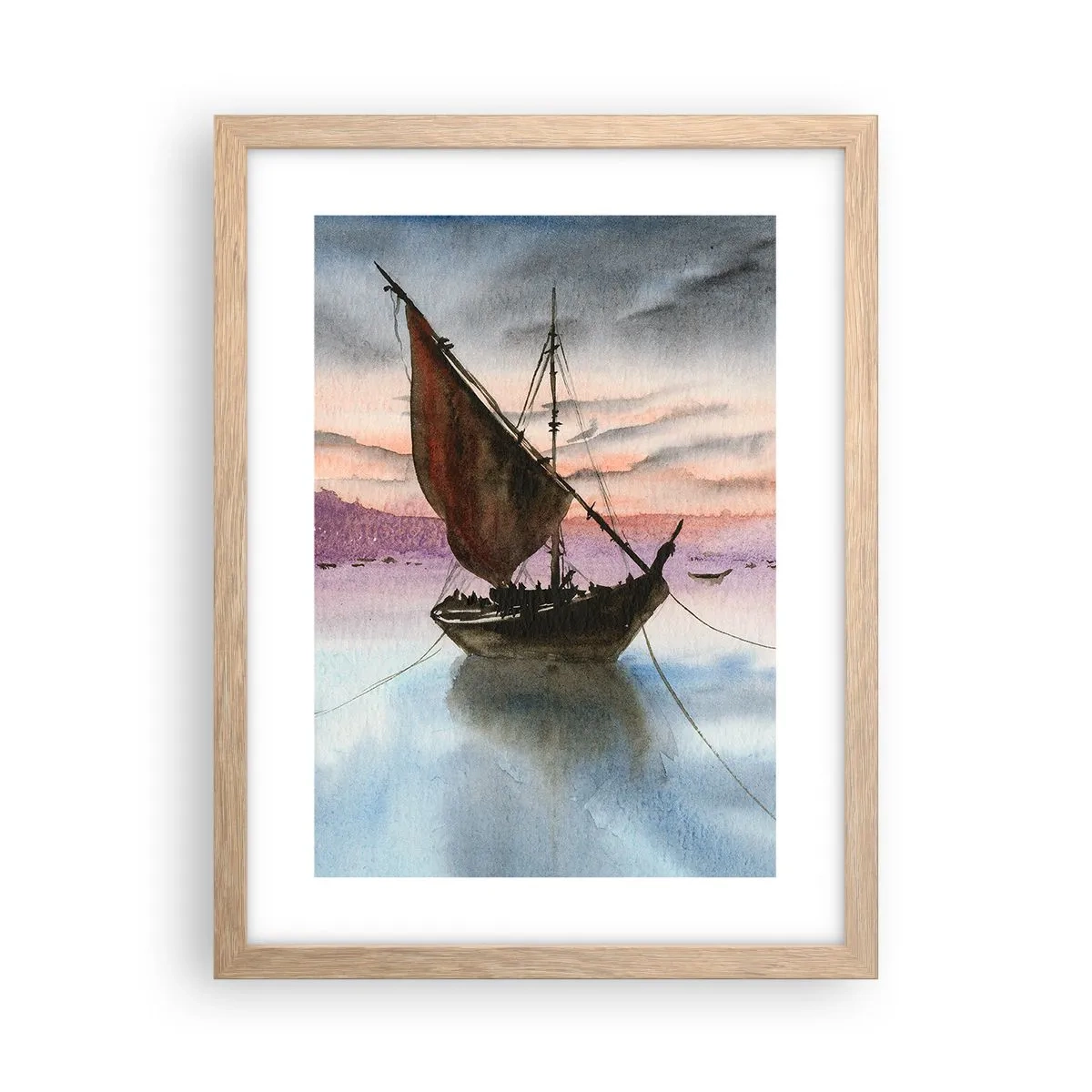 Plakat i ramme af lyst egetræ - Aften i havnen - 30x40 cm