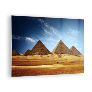 Billede på glas - Pyramiderne i Giza mod den blå himmel - 70x50cm - 40 århundreder ser på jer - Moderne vægdekoration til stue og soveværelse ARTTOR