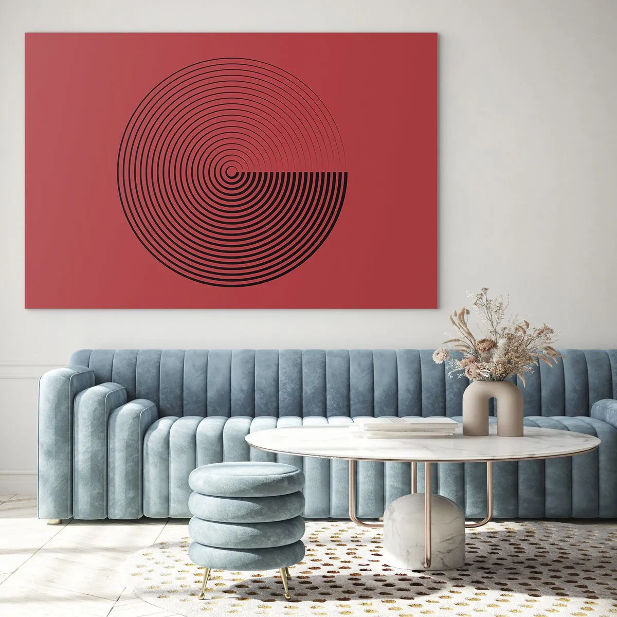 Billede på glas - Sorte koncentriske cirkler på en rød baggrund - 70x50cm - Cirkulær bevægelse - Moderne vægdekoration til stue og soveværelse ARTTOR
