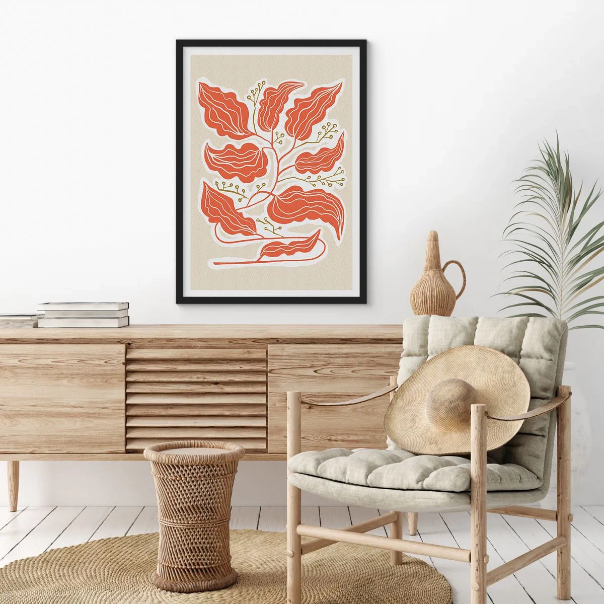 Plakat i sort ramme - En abstrakt komposition af blade i nuancer af orange og beige. - 50x70cm - Folk og koral - Moderne vægdekoration til stue og soveværelse ARTTOR