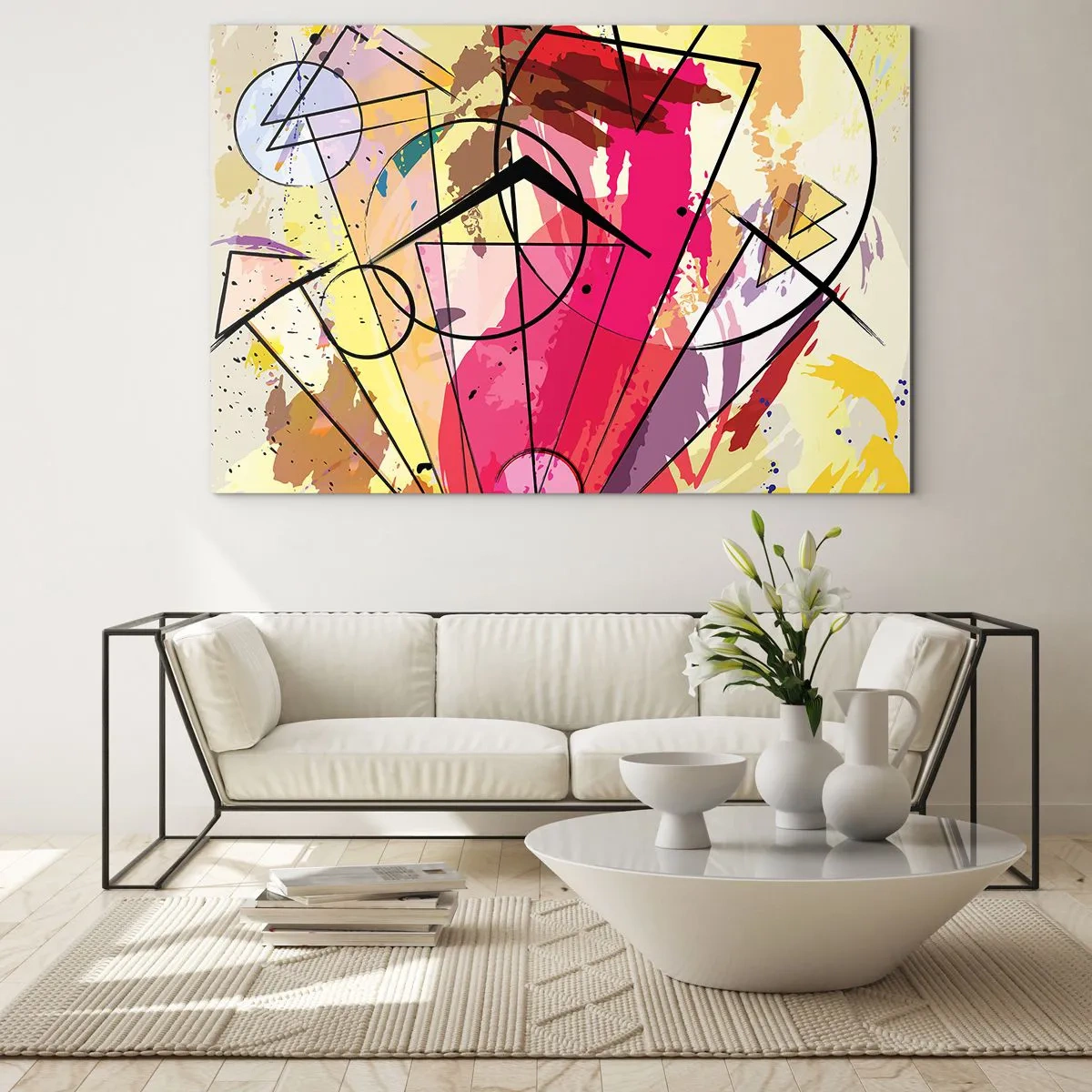Billede på glas - Farverig abstraktion med geometriske mønstre og linjer - 70x50cm - Eksplosion - Moderne vægdekoration til stue og soveværelse ARTTOR