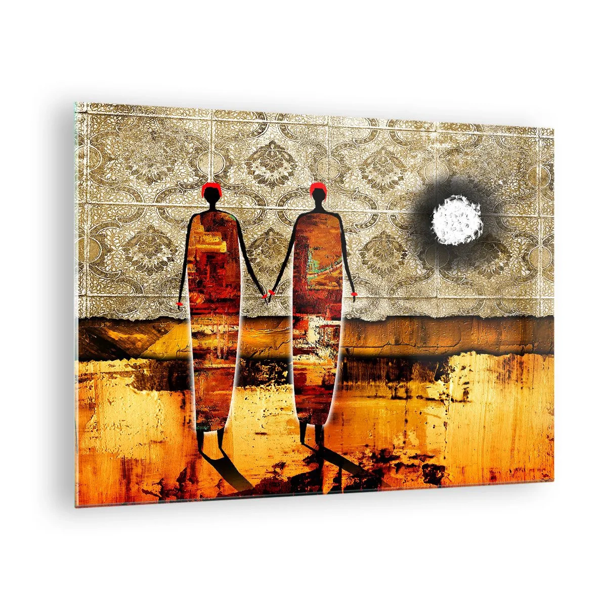 Billede på glas - To abstrakte figurer mod en baggrund af ornament og gyldne nuancer - 70x50cm - Etnisk sammensætning i farverne i Afrika - Moderne vægdekoration til stue og soveværelse ARTTOR
