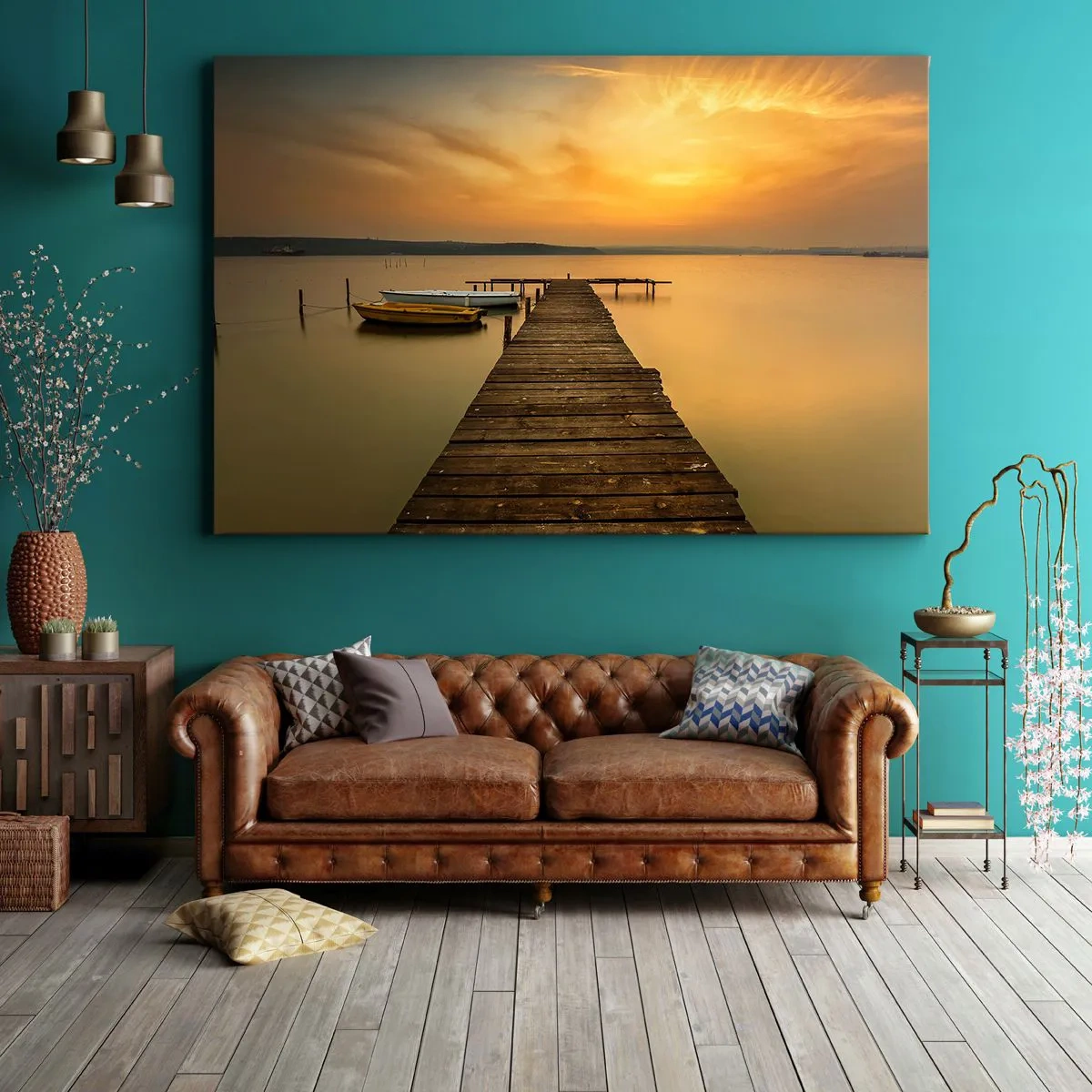 Lærredstryk - Billede på lærred - Træbro og både på søen ved solnedgang - 70x50cm - Jeg vil åbne den gyldne himmel for dig - Moderne vægdekoration til stue og soveværelse ARTTOR