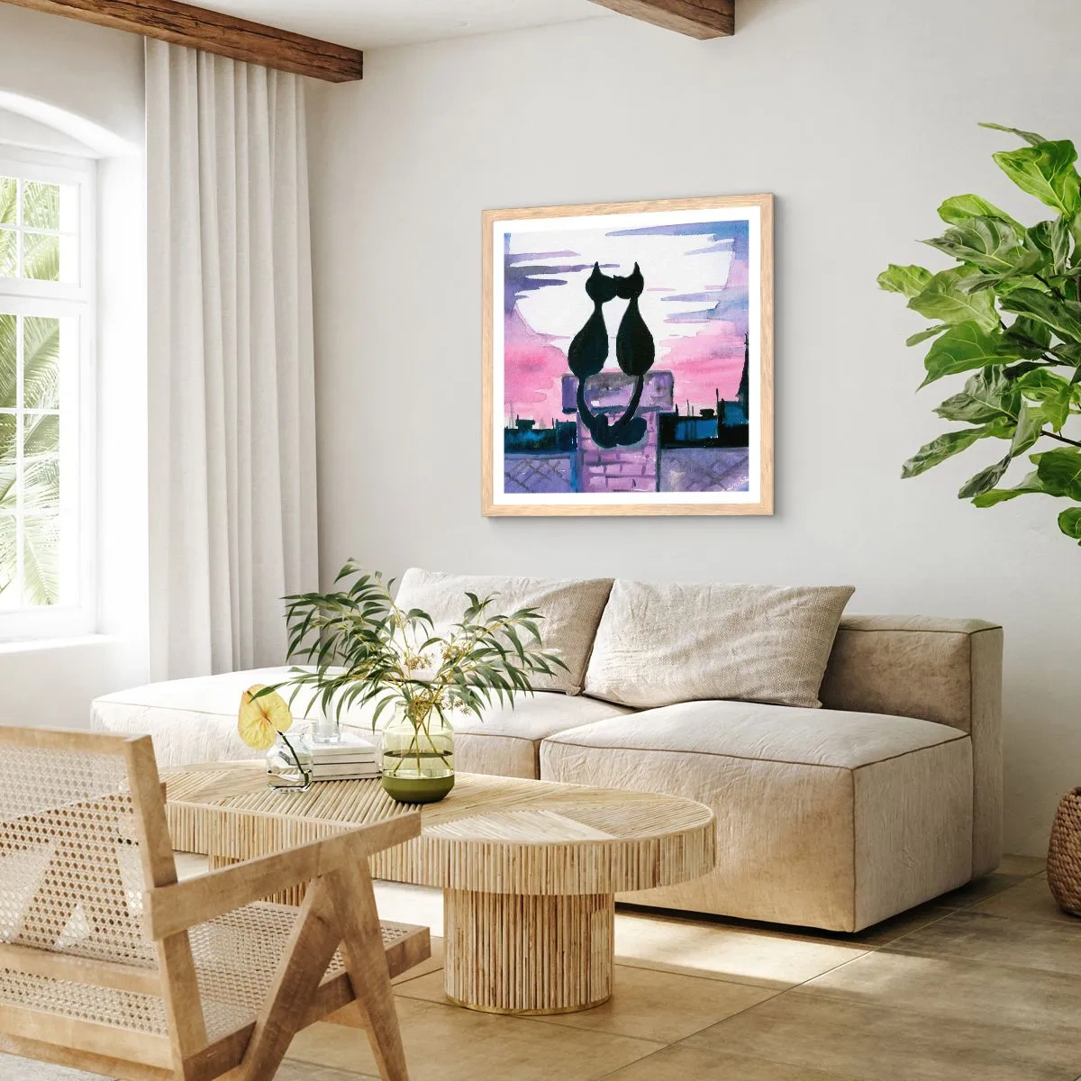 Plakat i ramme af lyst egetræ - Rendez-vous under månen - 40x40 cm