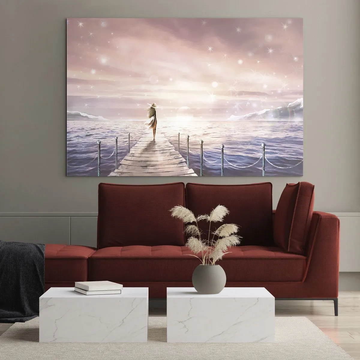 Billede på glas - Kvinde på molen ved solnedgang - 70x50cm - I lyset af en drøm - Moderne vægdekoration til stue og soveværelse ARTTOR