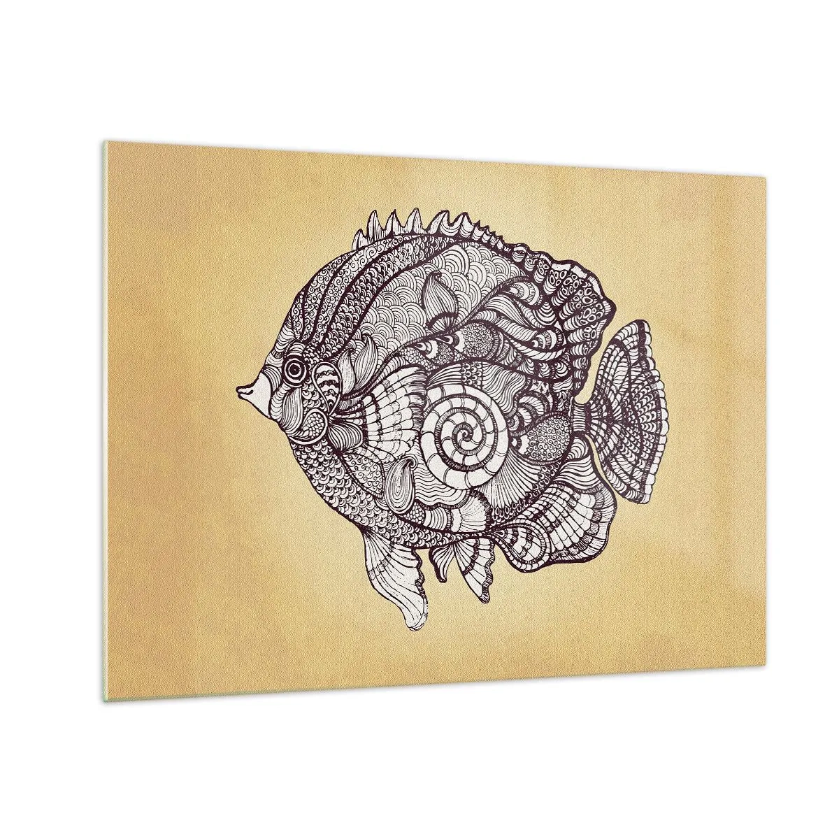 Billede på glas - En tegneseriefisk med ornamenter på en beige baggrund - 70x50cm - Fra et hav af ornamenter - Moderne vægdekoration til stue og soveværelse ARTTOR