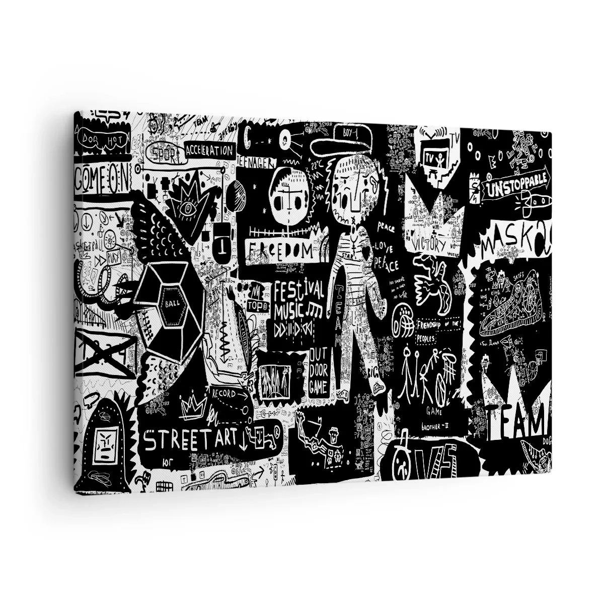 Lærredstryk - Billede på lærred - Sort-hvid collage inspireret af gadekunst - 70x50cm - Den åndelige ungdom med lov og glæde - Moderne vægdekoration til stue og soveværelse ARTTOR