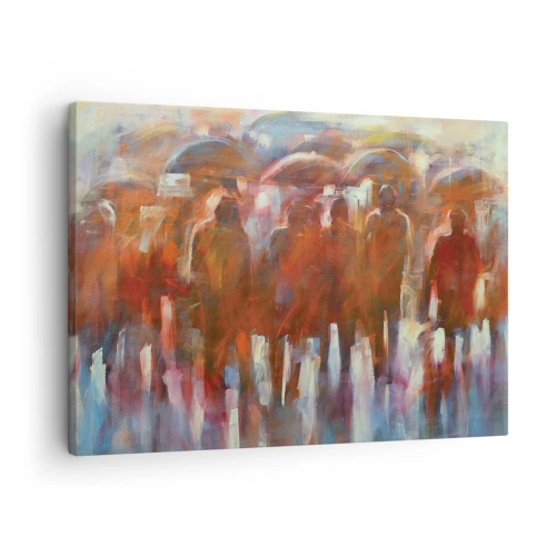 Lærredstryk - Billede på lærred - En menneskemængde med paraplyer i regnfulde, kunstneriske omgivelser - 70x50cm - Lige i regn og tåge - Moderne vægdekoration til stue og soveværelse ARTTOR