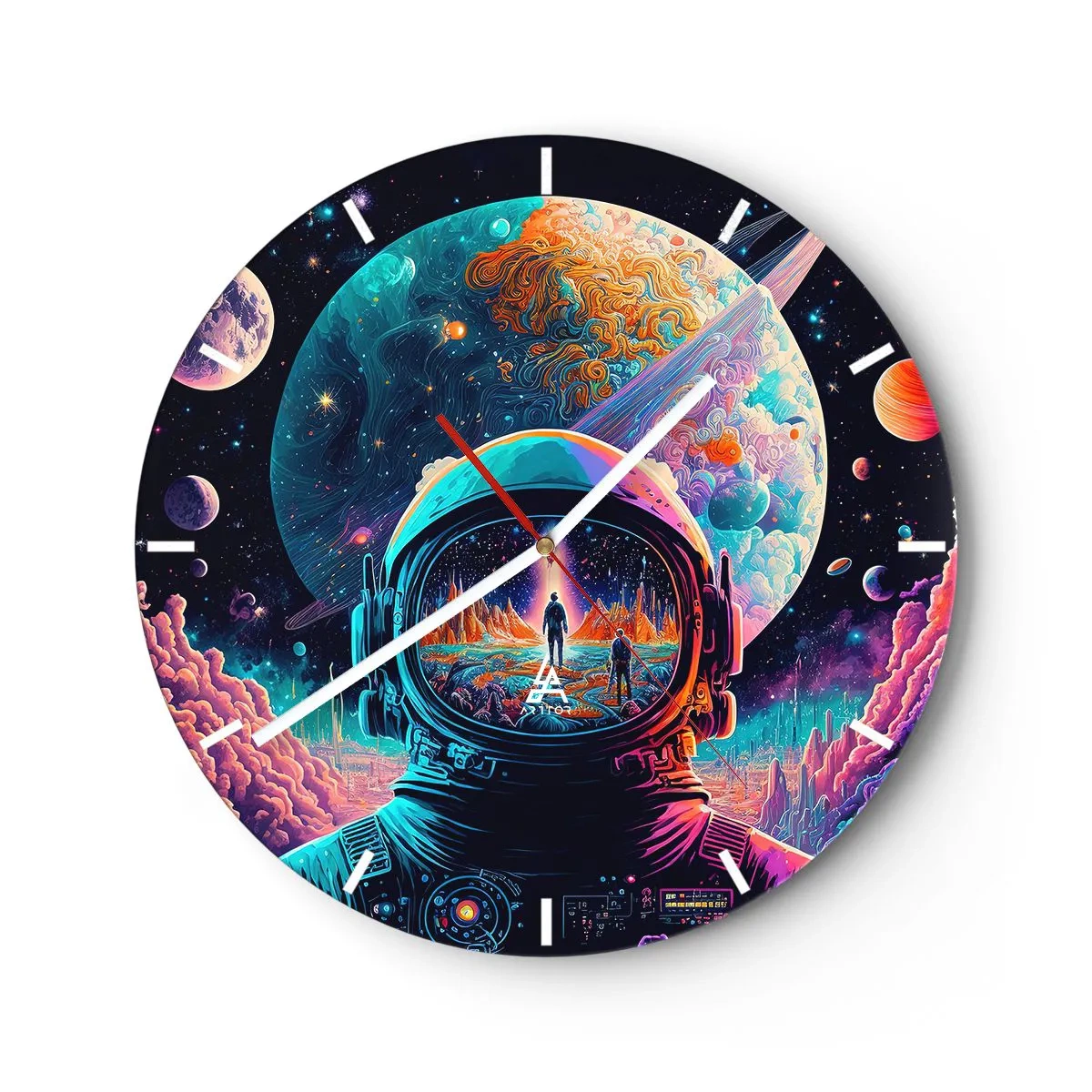 Vægur, Uret - Astronaut i farverigt rum med planetrefleksion - 30x30cm - Filosoffer har aldrig drømt - Moderne vægdekoration til stue, køkken og soveværelse ARTTOR
