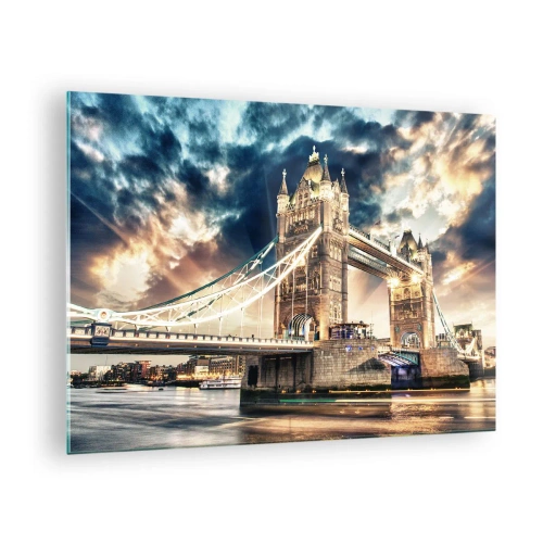 Billede på glas - Tower Bridge i London mod en dramatisk himmel - 70x50cm - Et monument over det victorianske imperium - Moderne vægdekoration til stue og soveværelse ARTTOR