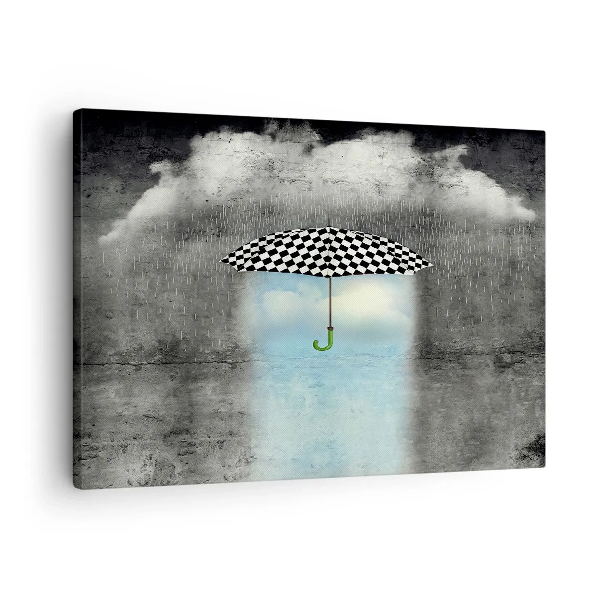 Lærredstryk - Billede på lærred - En ternet paraply over et regnfuldt landskab - 70x50cm - Og alligevel er det muligt - Moderne vægdekoration til stue og soveværelse ARTTOR