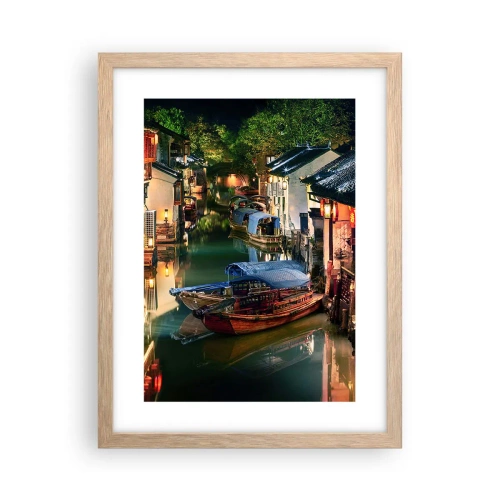 Plakat i ramme af lyst egetræ - En aften på en kinesisk gade - 30x40 cm