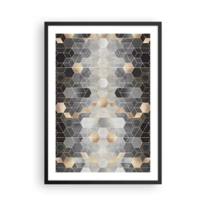 Plakat i sort ramme - Geometrisk sekskantmønster i nuancer af guld og grå - 50x70cm - Sammensætning af diamanter - Moderne vægdekoration til stue og soveværelse ARTTOR
