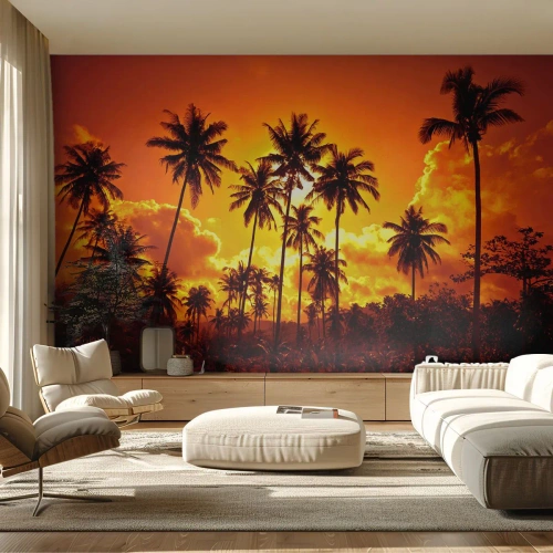 Fototapet Standard Eco - Palmer mod en gylden himmel ved solnedgang - 100x70cm - Bjerge brænder, skove brænder - Moderne vægdekoration til stue og soveværelse ARTTOR
